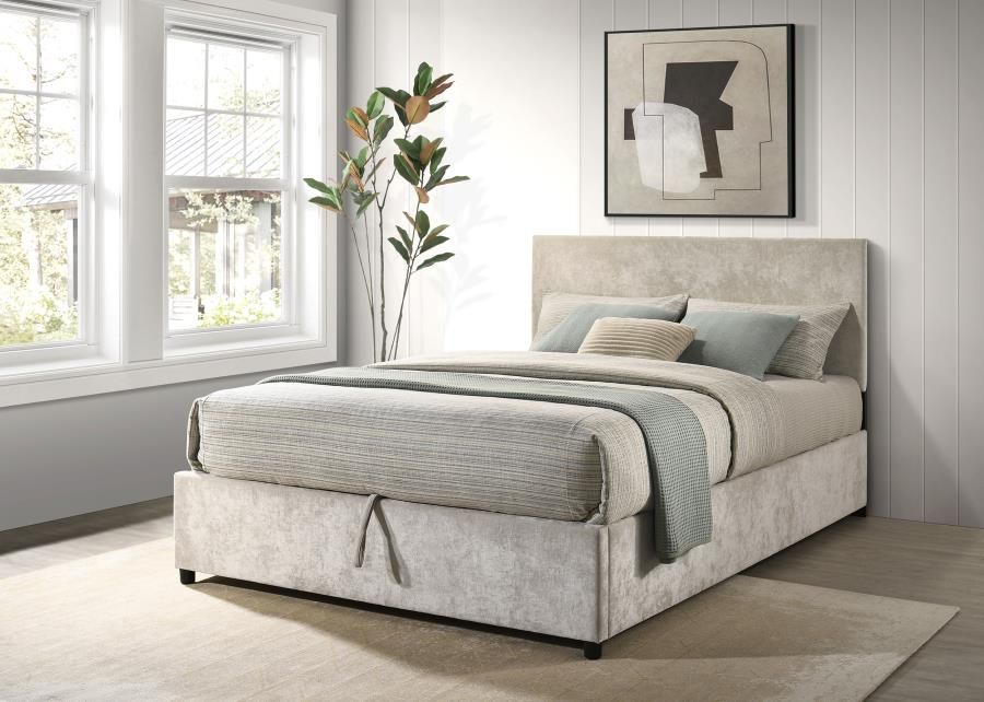 Reeves Upholstered Queen Lift-Top Storage Platform Bed Beige