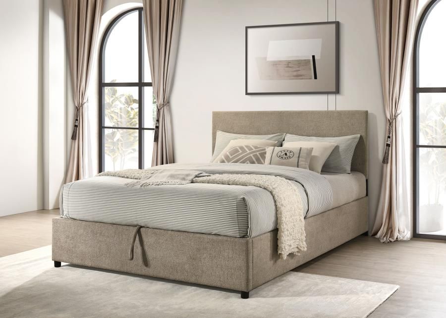 Reeves Upholstered Queen Lift-Top Storage Platform Bed Tan