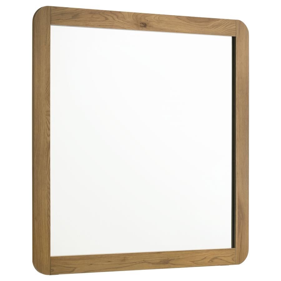 Bennett Mid-Century Square Dresser Mirror with Open-Corner Light Oak Frame
