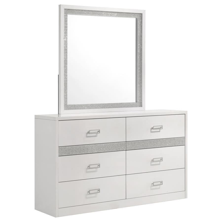 Viana 6-Drawer Bedroom Dresser with Beveled Mirror White High Gloss