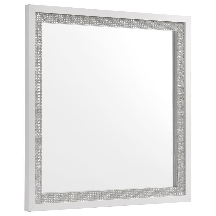 Viana Square Beveled Dresser Mirror with Faceted Trim White High Gloss