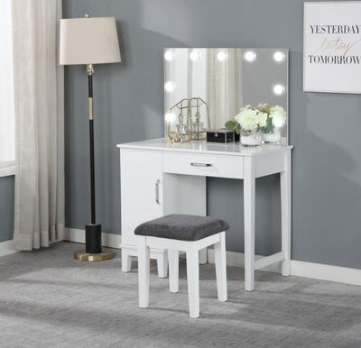 Elijah Vanity Set with Lighting &amp; Stool White and Dark Grey