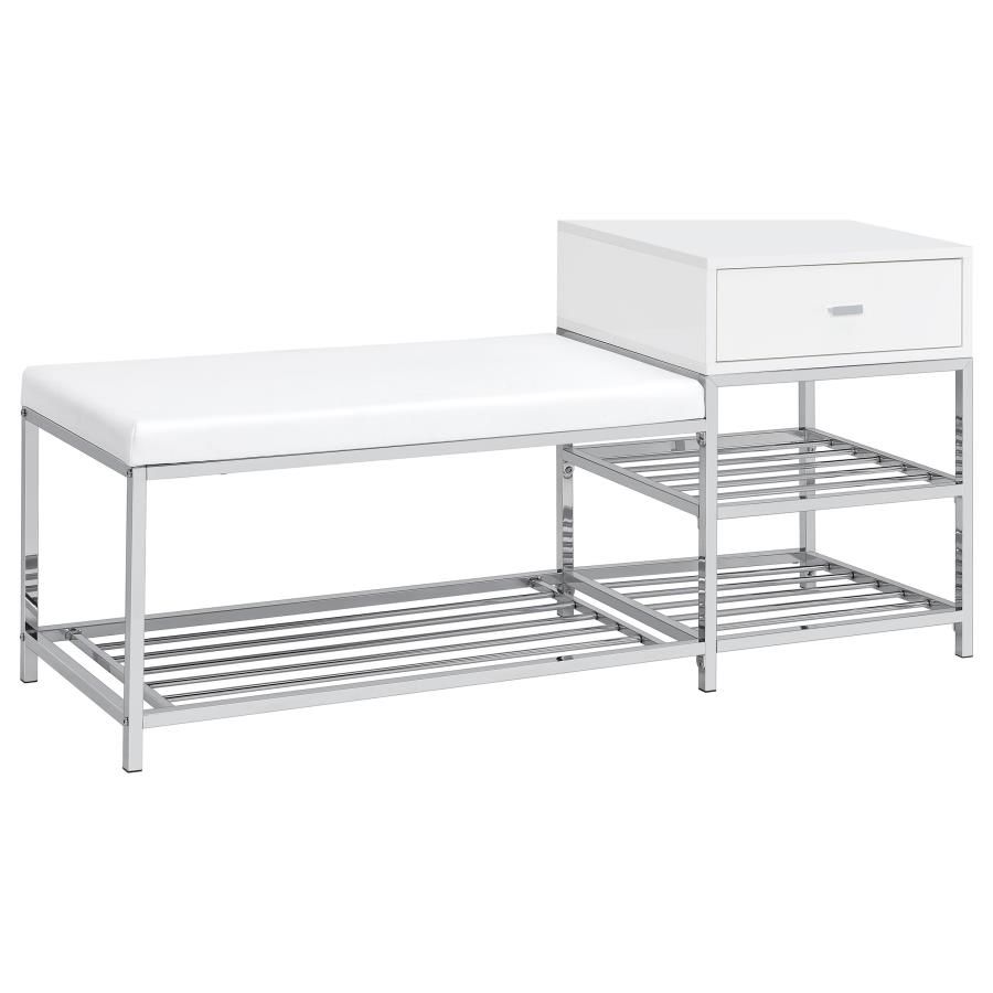 Siega 1-Drawer Shoe Storage Entryway Bench White High Gloss and Chrome