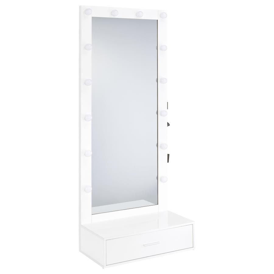 Spector 1-drawer Lighted Full-Length Floor Mirror White High Gloss