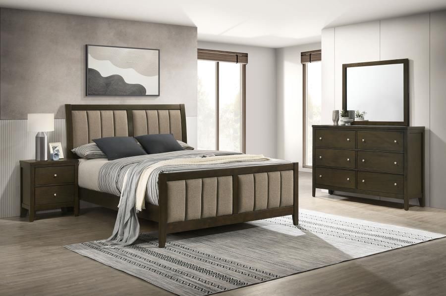 Wilkes Bedroom Set with Upholstered Bed Dark Cocoa, Sets: 4-Piece, Size: Full