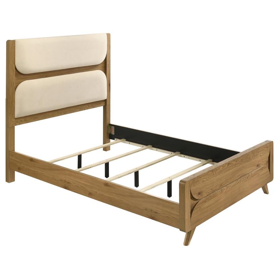 Bennett Mid-Century Fabric Upholstered Panel Bed Light Oak, Size: Full