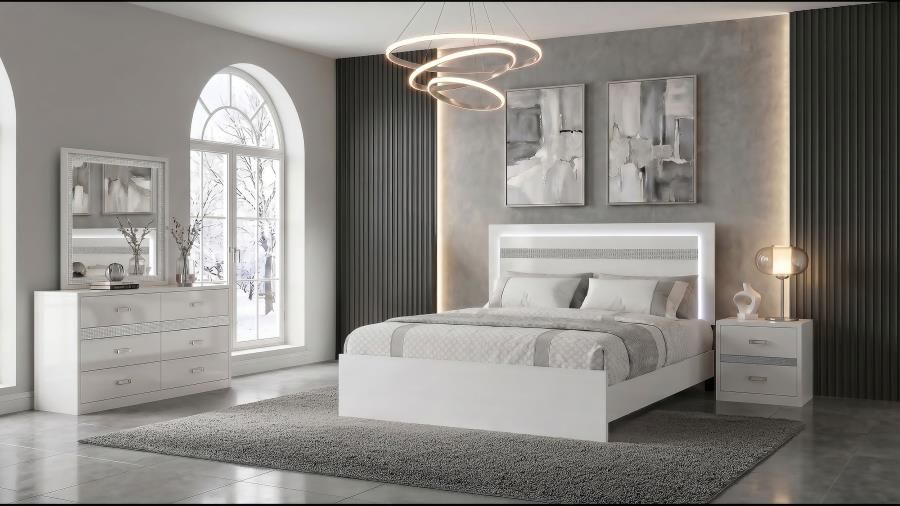 Viana Touch-Control LED Bedroom Set White High Gloss, Sets: 4-Piece, Size: Eastern King