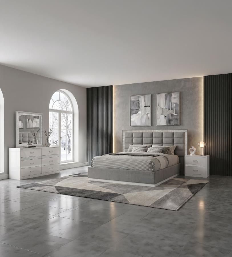 Viana Platform Bedroom Set Grey and White High Gloss, Sets: 4-Piece, Size: Eastern King