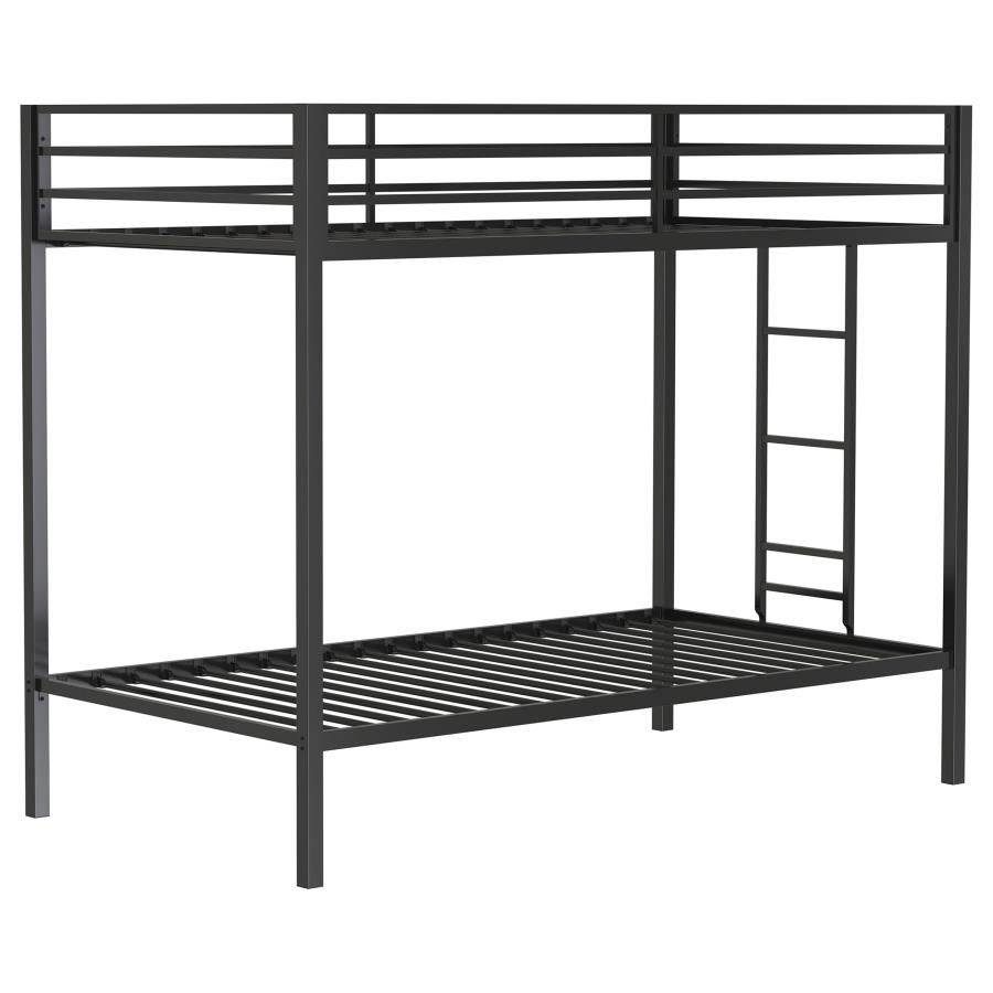 Alevera Twin-Over-Twin Steel Bunk Bed with Ladder Matte, Color: Black