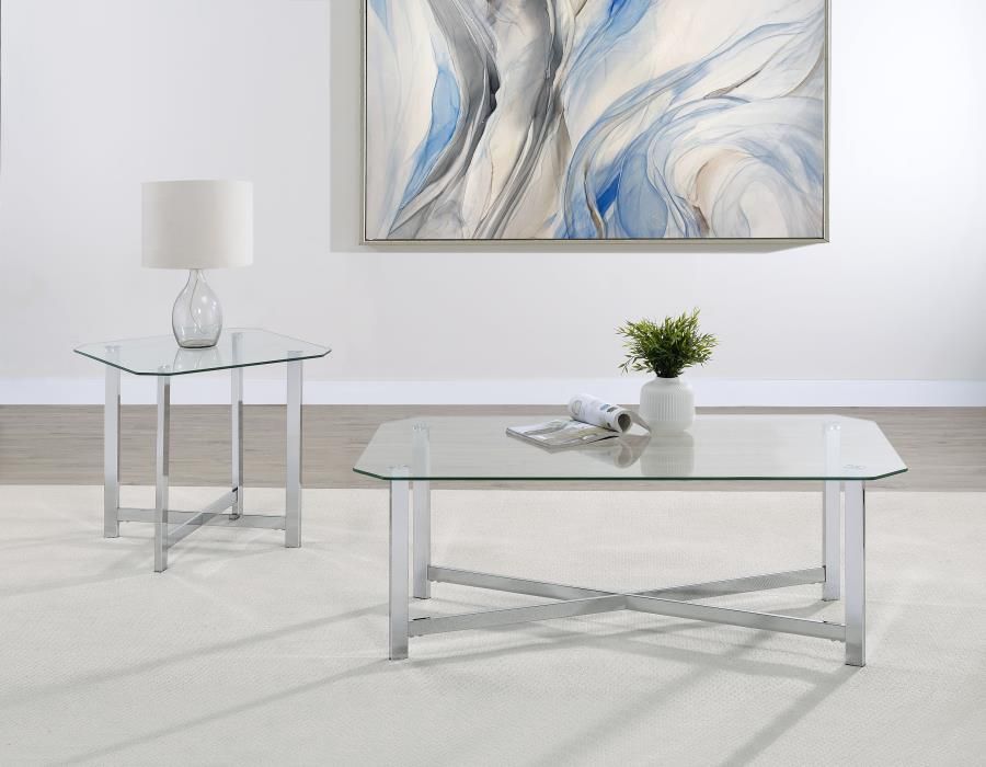 Cronin Tempered Glass Top Coffee Table Set Chrome, Sets: 2-Piece