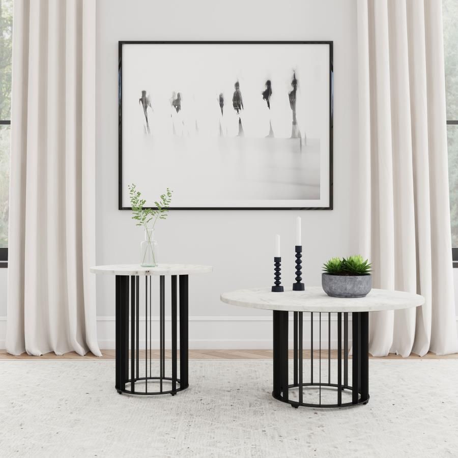 Haven Round Marble Coffee and End Table Set Black, Sets: 2-Piece