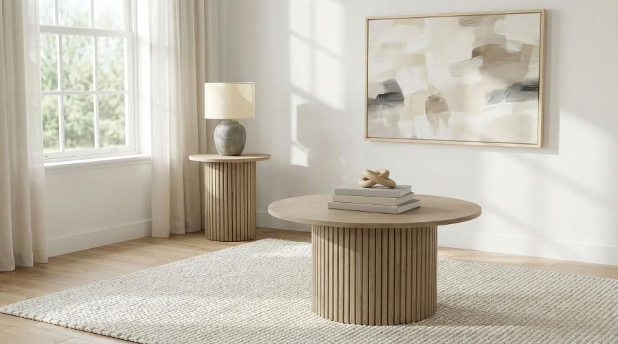 Hamlyn Round Fluted Coffee and End Table Set Natural Oak, Sets: 2-Piece