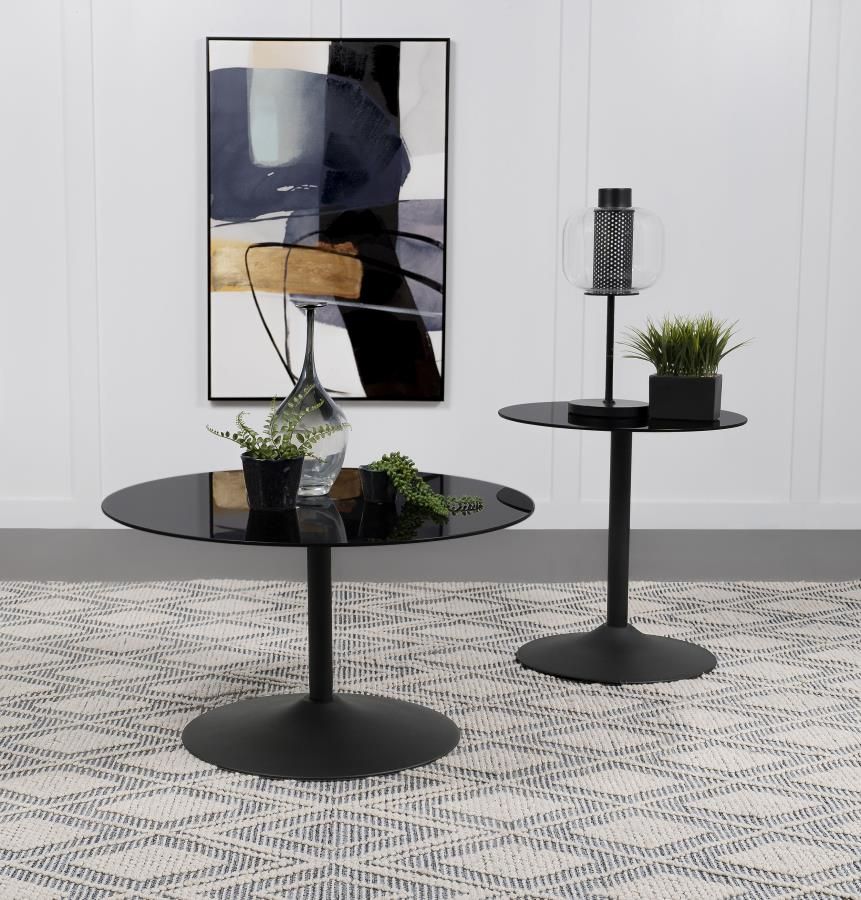Ganso Round Glass Top Coffee and End Table Set Black, Sets: 2-Piece