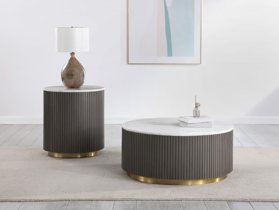 Jason Round White Marble Coffee Table Set Charcoal, Sets: 2-Piece