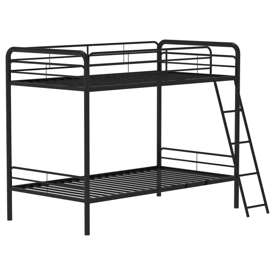 Carson Twin-Over-Twin Steel Bunk Bed with Angled Ladder Glossy, Color: Black