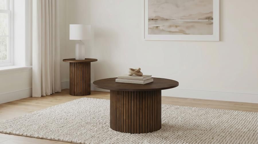 Hamlyn Round Fluted Coffee and End Table Set Walnut, Sets: 2-Piece
