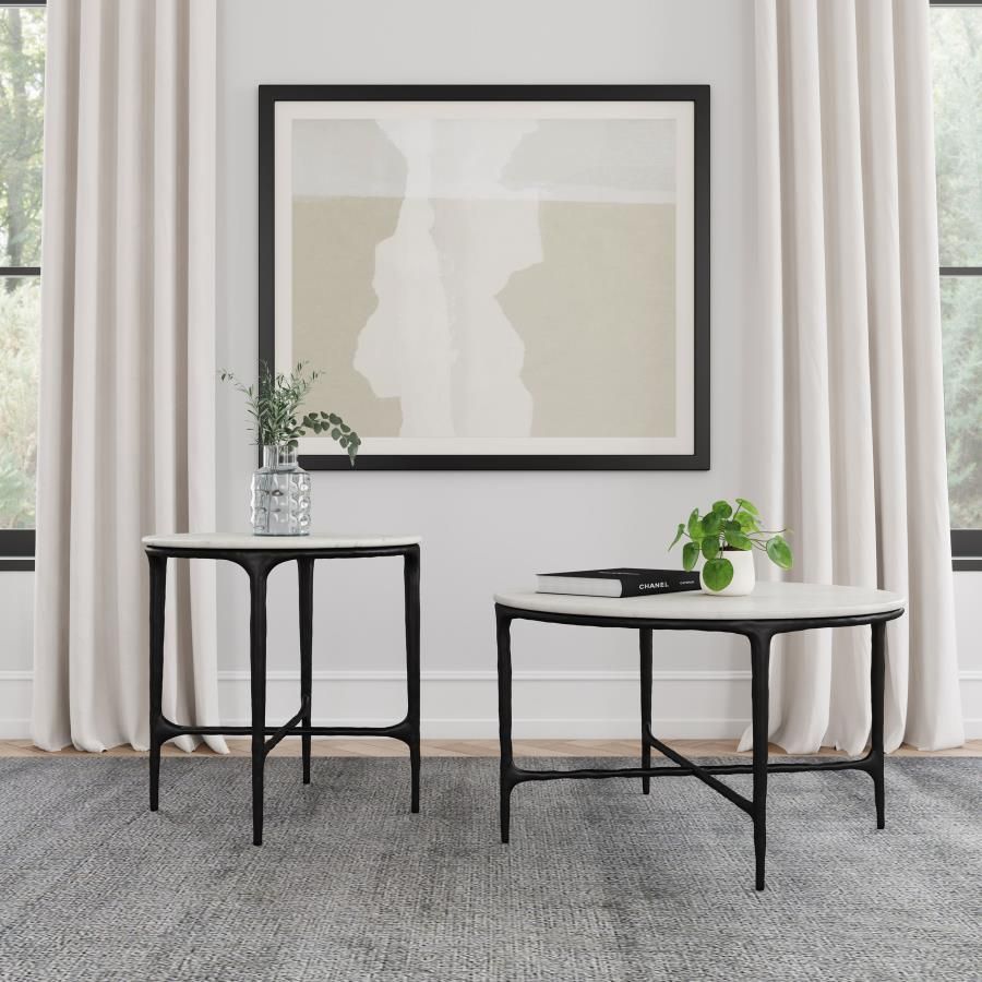 Hermas Round Marble Coffee and End Table Set White, Sets: 2-Piece