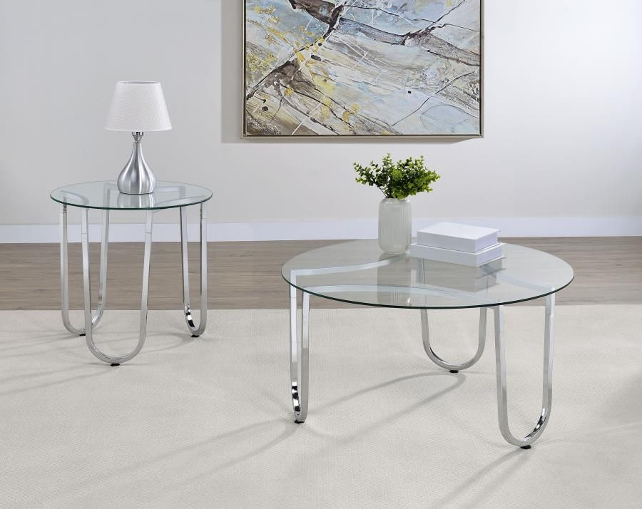 Beller Round Tempered Glass Top Coffee Table Set Chrome, Sets: 2-Piece