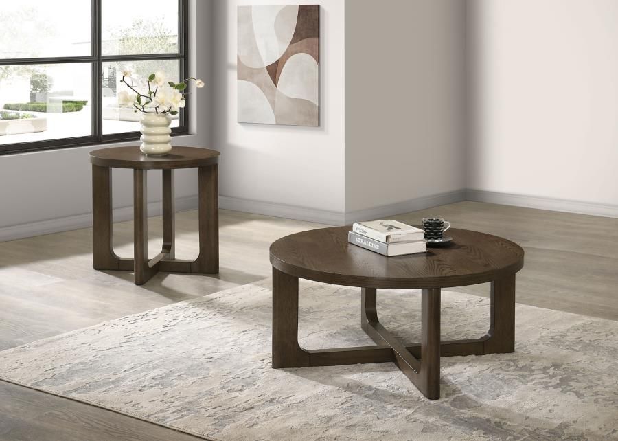 Kessler Round Sculptural Wood Coffee Table Set Brown