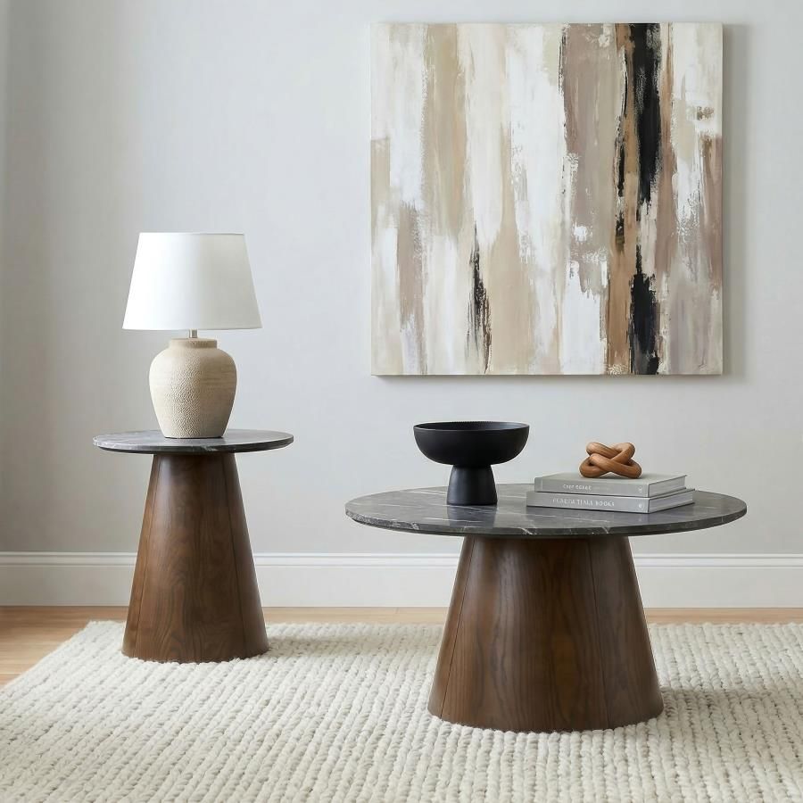 Franklin Round Pedestal Coffee Table Set Grey and Dark Brown, Sets: 2-Piece