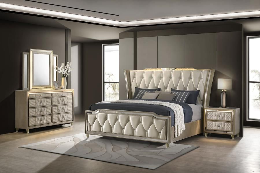 Lorient Bedroom Set Ivory and Camel, Sets: 4-Piece with Dresser, Size: Eastern King