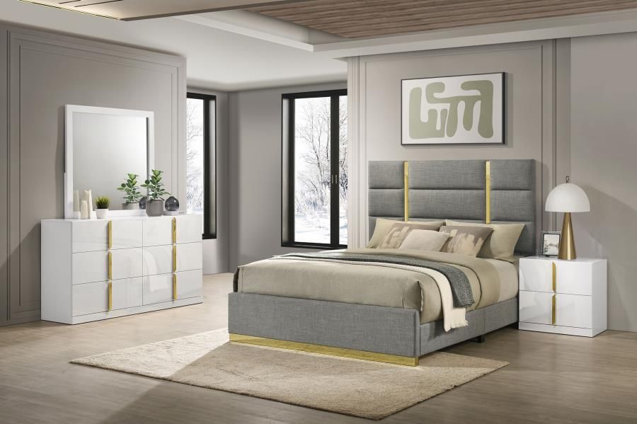 Ines Bedroom Set White High Gloss, Color: Grey, Sets: 4-Piece, Size: Eastern King