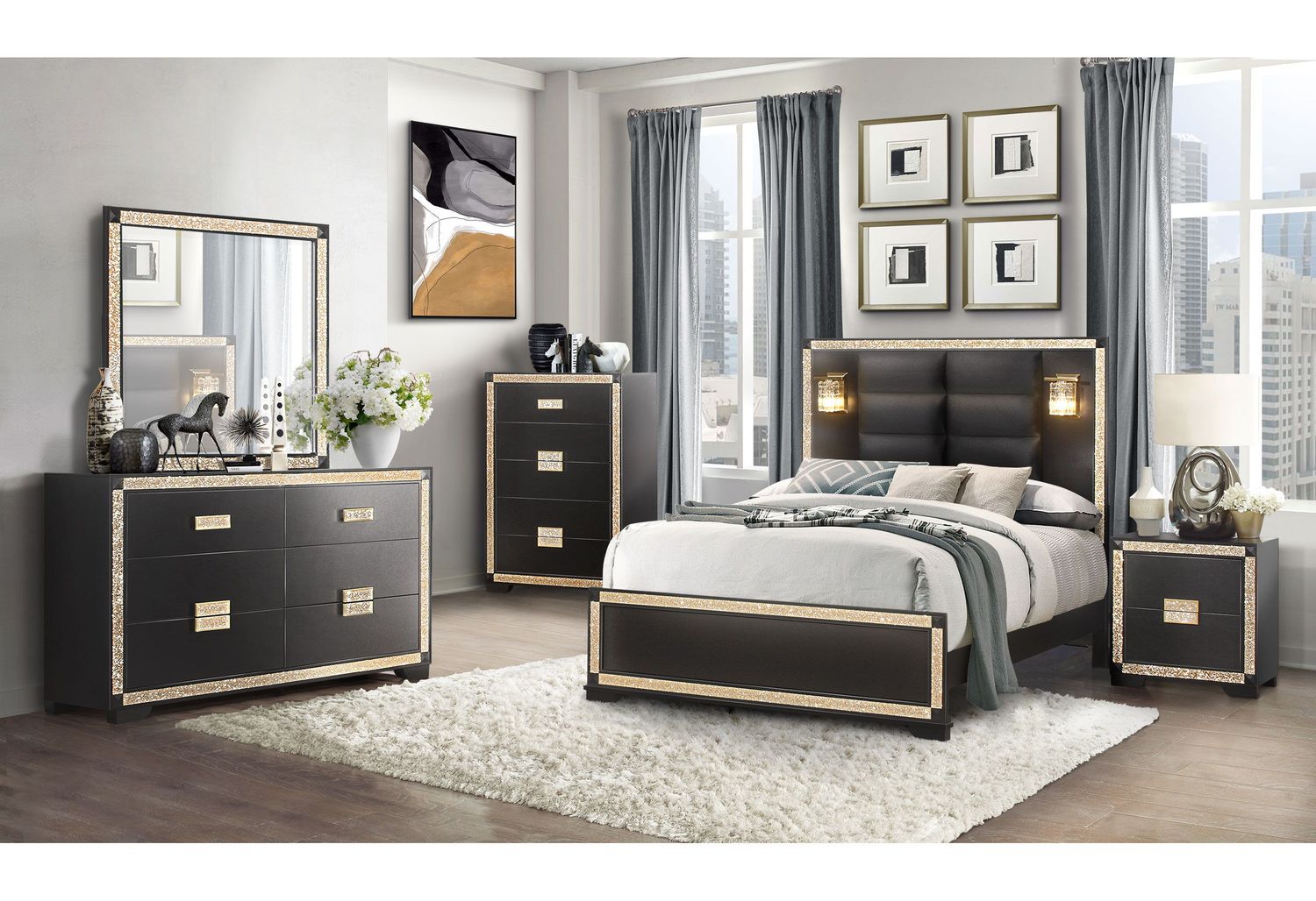 Blake - 6 Piece Bedroom Set (Bed, Dresser, Mirror, 2 Nightstands, Chest) - Black / Gold, Size: Queen