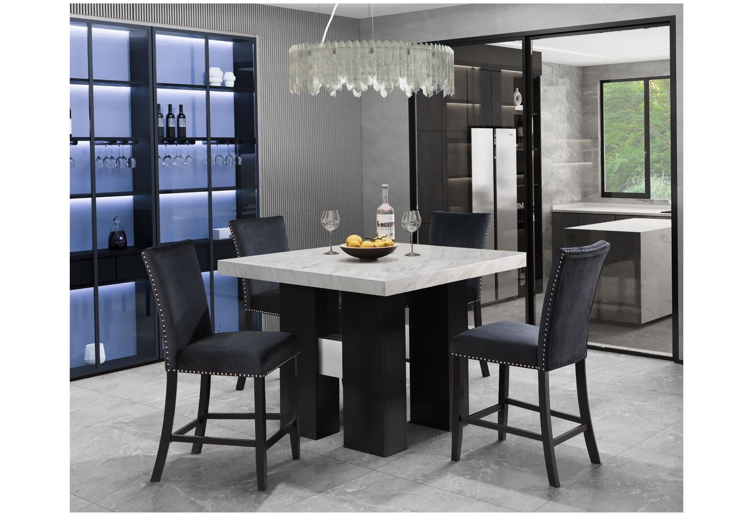 D04 - 5 Piece Dining Room Set (Bar Table And Four Bar Stools), Color: Black / White