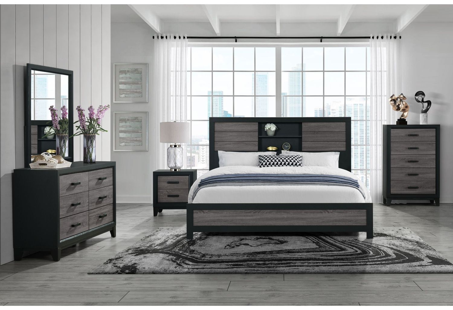 Lisbon - 5 Piece Bookcase Bedroom Set - Gray / Black, Size: Queen