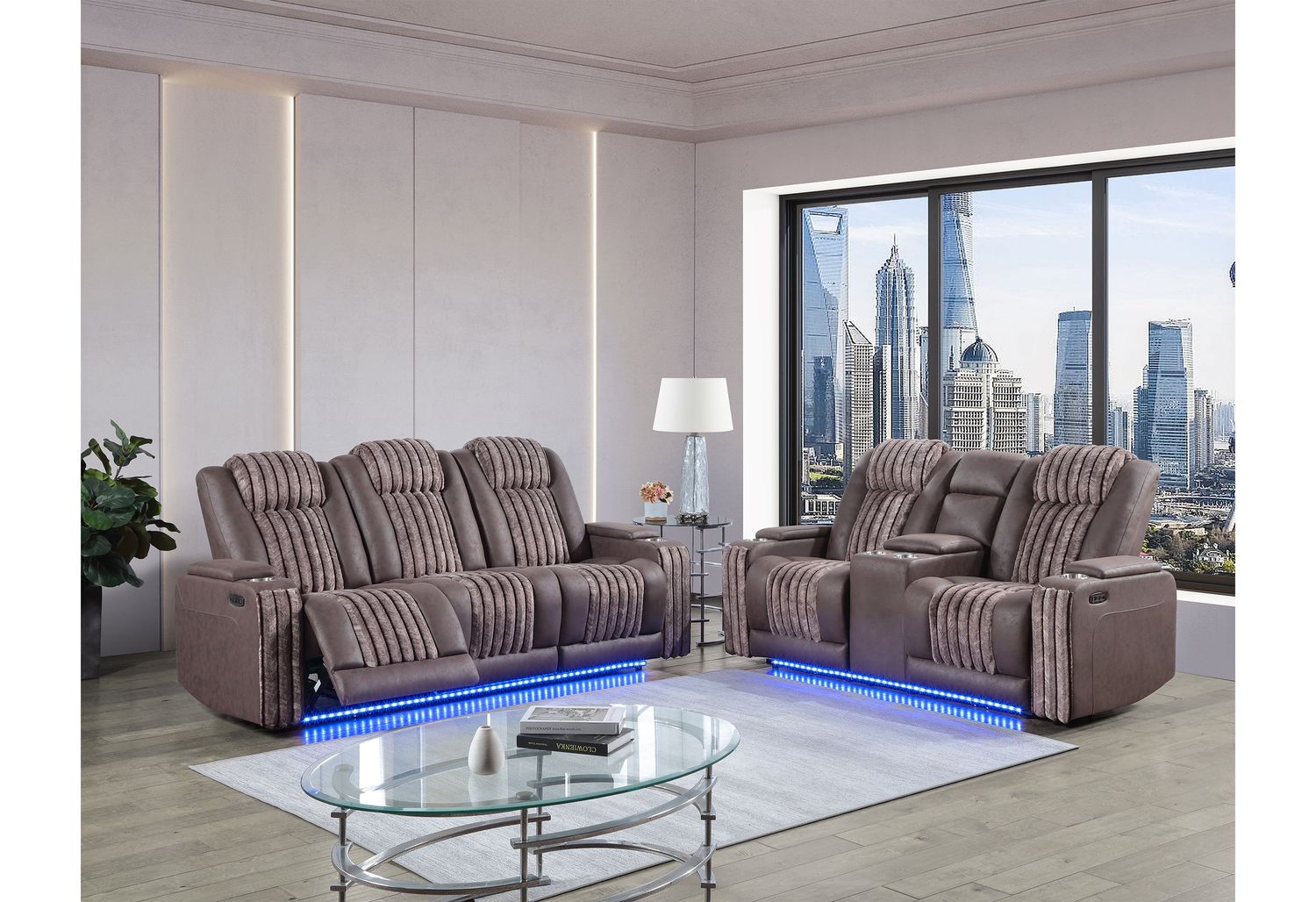 U8000 - 2 Piece Living Room Set (Power Console Reclining Loveseat, Power Reclining Sofa With Power Headrest), Color: Brown