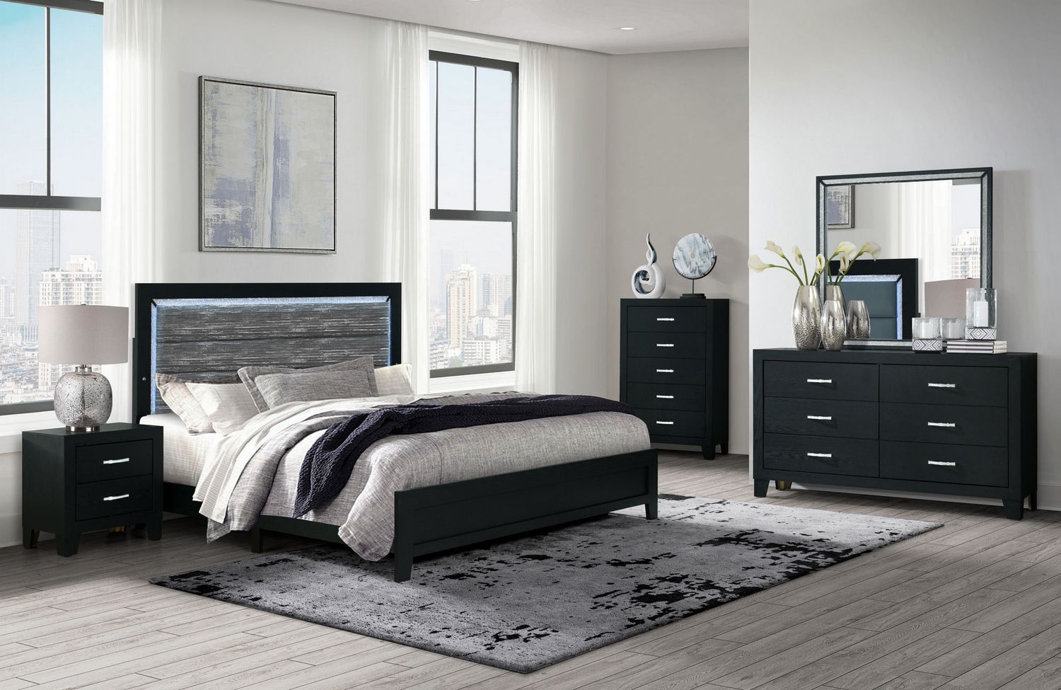 Reid - 5 Piece Bedroom Set With LED - Black, Size: Queen