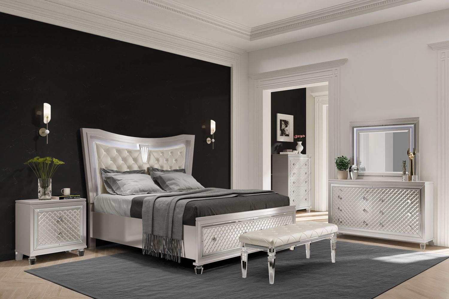 Paris - 5 Piece Bedroom Set With LED - Champagne, Size: Queen