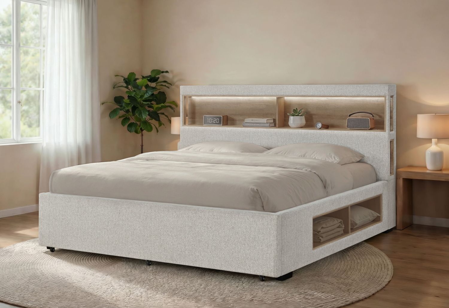 Sadie - Bed With Storage - Beige, Size: Queen