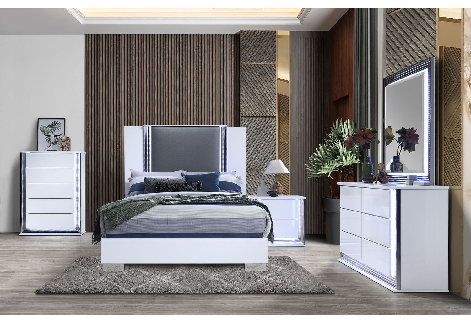 Ylime - 4 Piece Bedroom Set (Bed, Dresser, Mirror, Nightstand), Color: Smooth White, Size: Queen