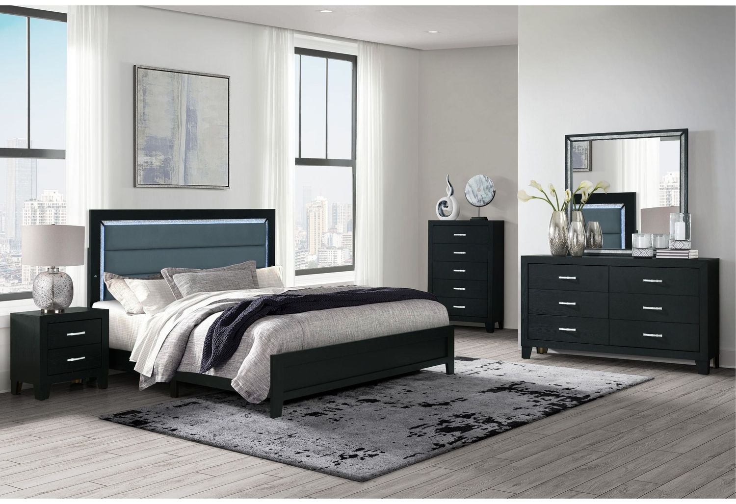 Reid - 4 Piece Bedroom Set (Bed, Dresser, Mirror, Nightstand) - Black, Size: Queen