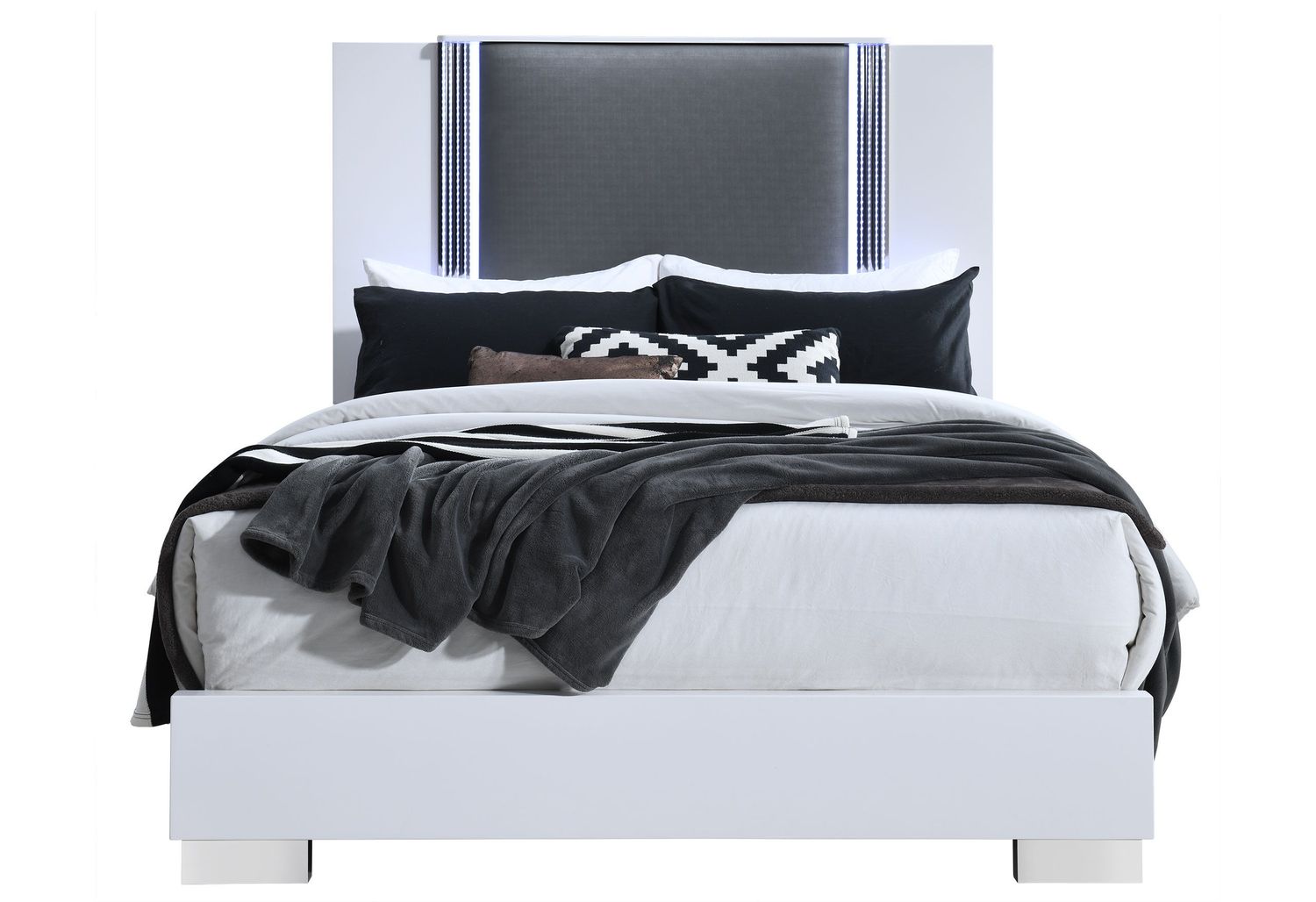 Ylime - Bed With LED - Smooth White / Dark Gray, Size: Queen