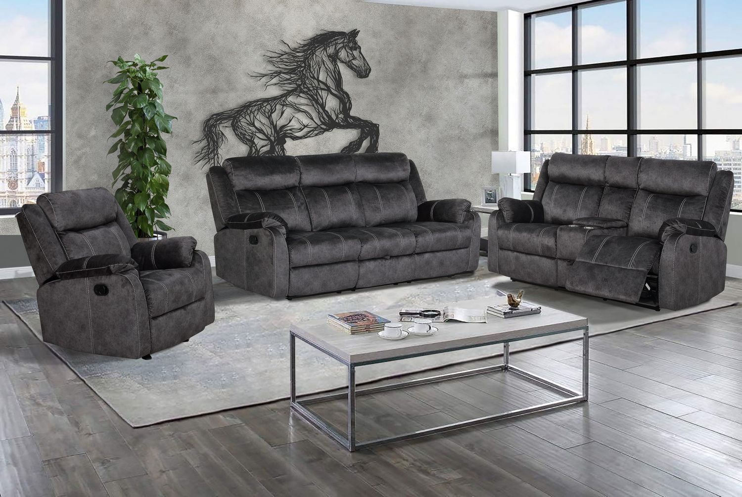U7303 - 3 Piece Living Room Set (Recliner Sofa / Console Power Recliner Loveseat / Glider Recliner), Color: Granite
