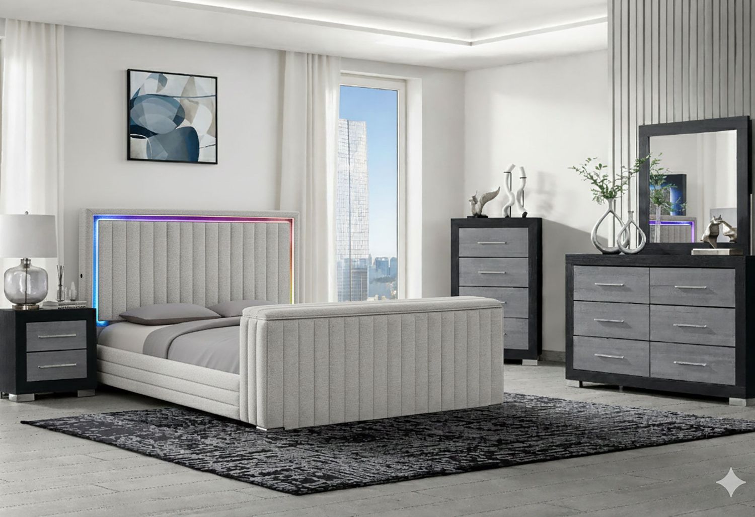 Elias - Bed With Immersive Sound Speaker, LED, TV Lift, And Fireplace - Gray, Size: Queen
