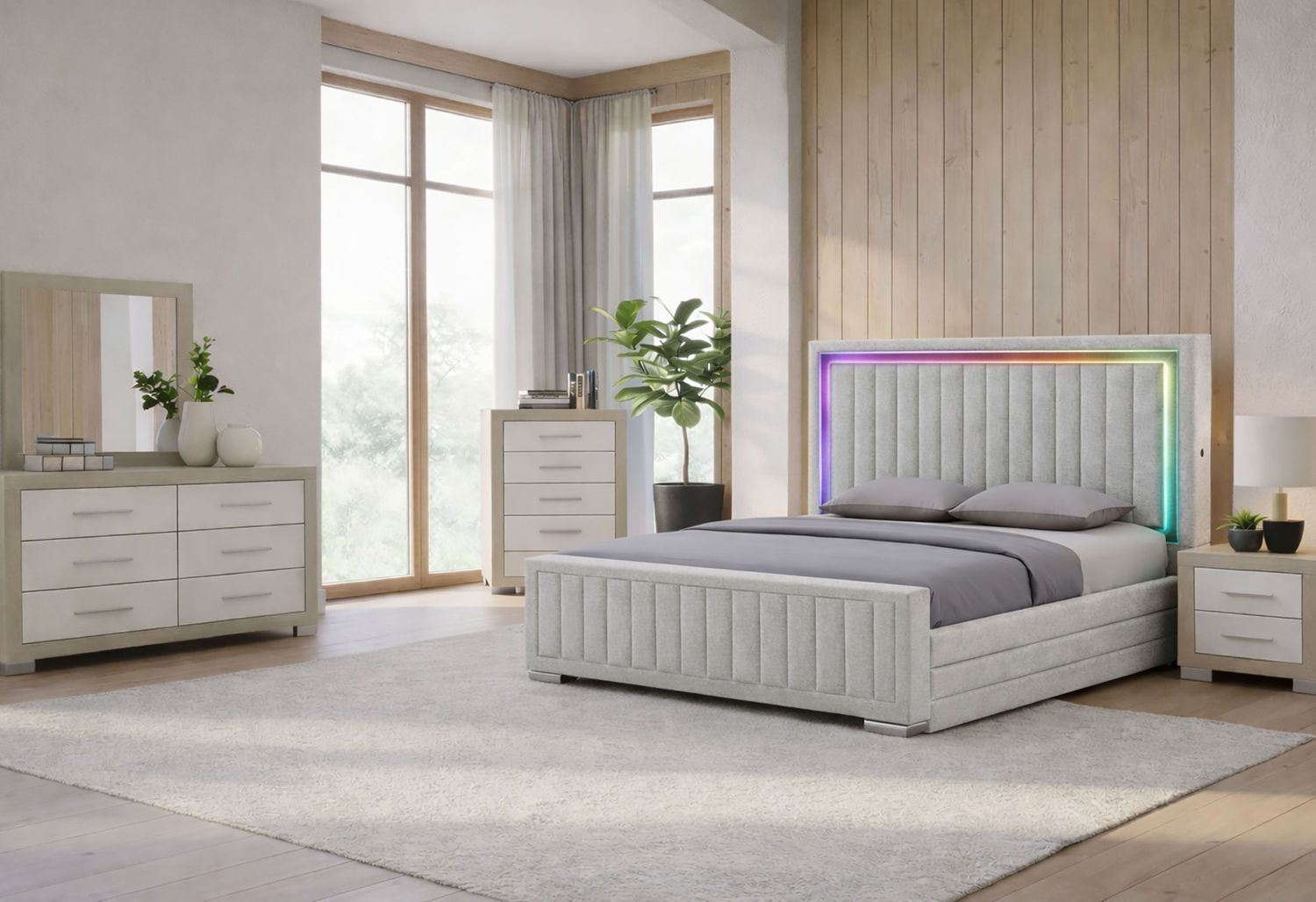 Elias - 5 Piece Bedroom Set Regular Footboard, Color: Light Gray / Natural / White, Size: King