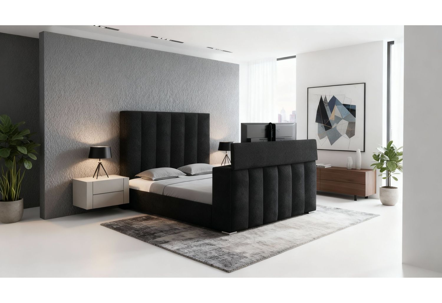 Serenity - Bed With Speaker, TV Lift, And Fireplace - Onyx, Size: Queen