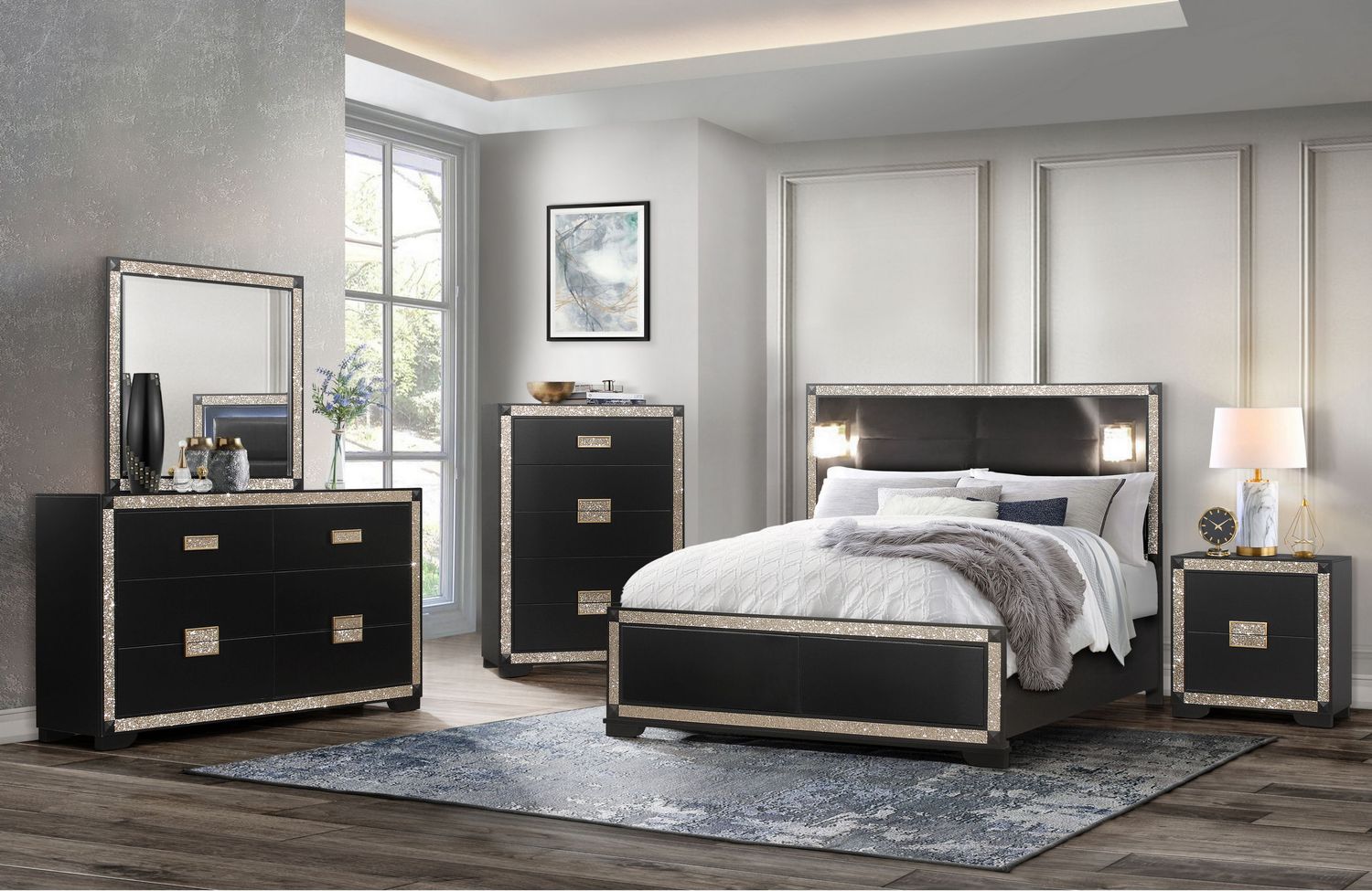Blake - 5 Piece Bedroom Set With Lamps - Black / Gold, Size: Full