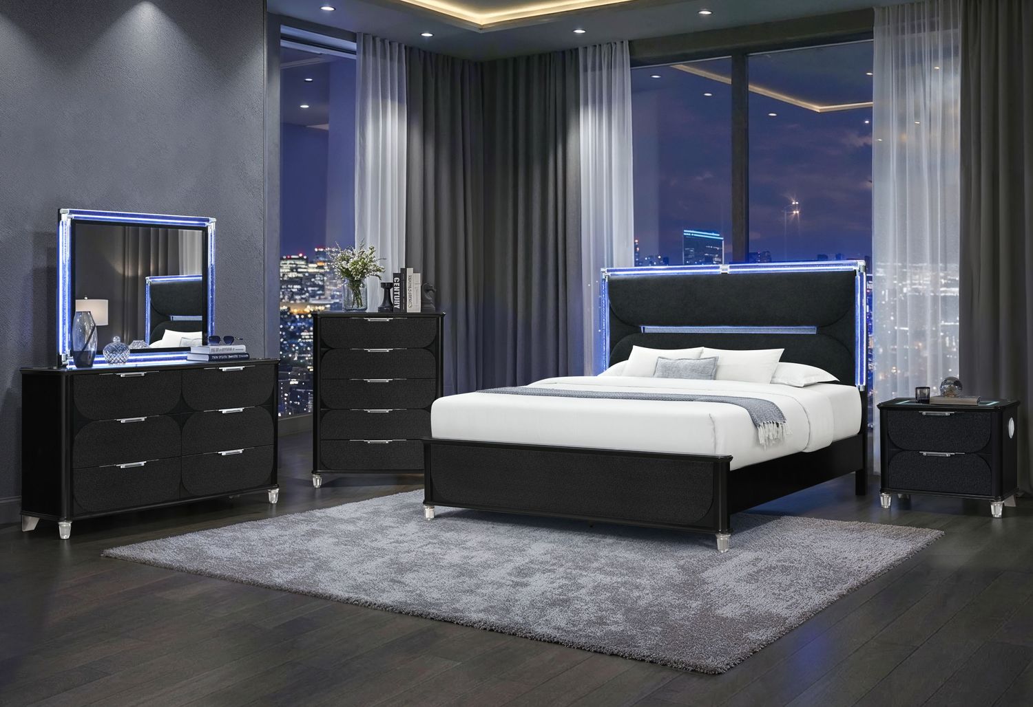 Lando - 5 Piece Bedroom Set (Bed, Dresser &amp; Mirror, Nightstand, Chest) - Black, Size: King