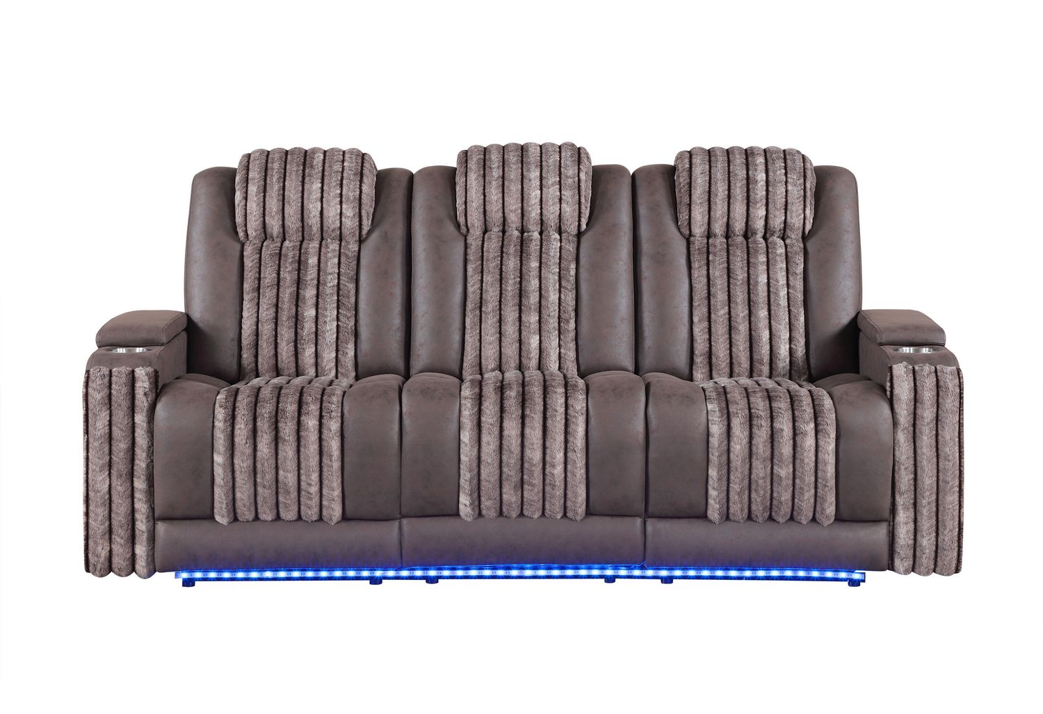 U8000 - Power Reclining Sofa With Power Headrest, Dropdown Table With Wood Trim &amp; Reading Light &amp; LED Light, Color: Brown