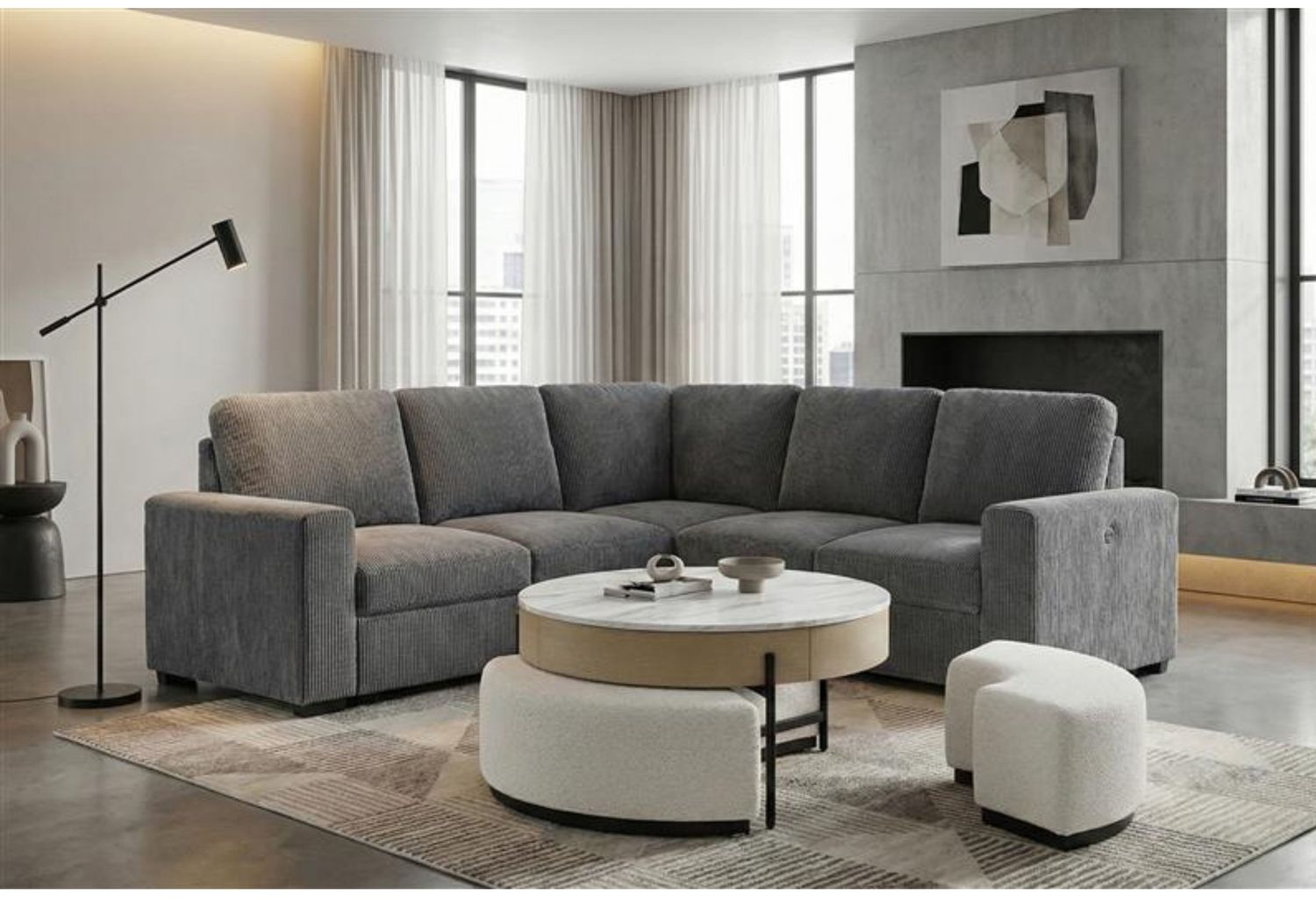 T42 - 4 Piece Living Room Set (Coffee Table With 3 Stools), Color: Cream / Natural
