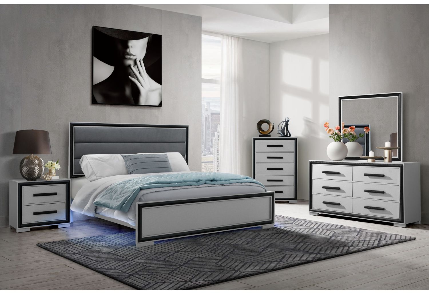 Amelia - 5 Piece Bedroom Set With LED - Gray Black, Size: Full