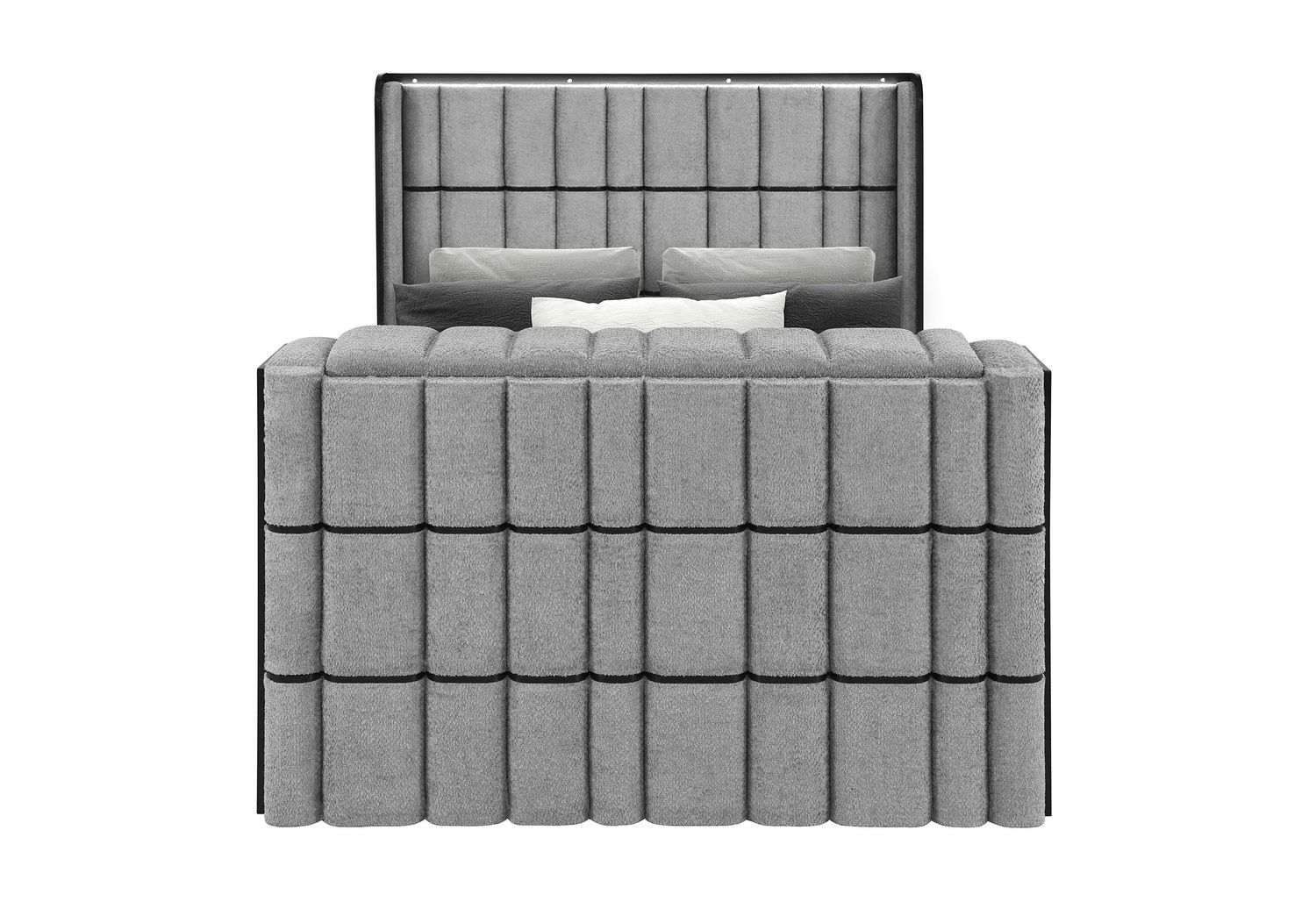 Isabella - Upholstered Bed With LED, TV Lift, Bluetooth Speaker And Firpeplace Crystal - Gray, Size: Queen