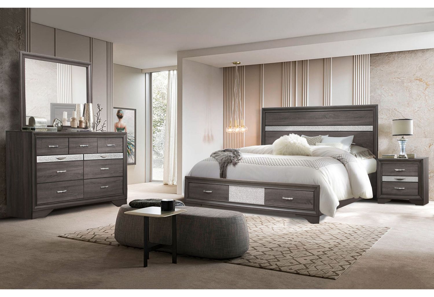 Seville - 5 Piece Bedroom Set - Dark Gray, Size: Queen