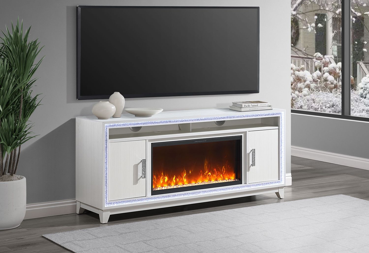Lily - 72" Entertainment Unit With LED, Speakers, Crystal Inserts, Color: White