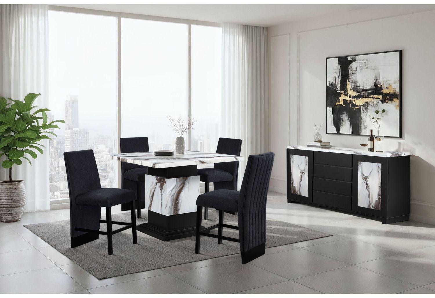 D12BT - 7 Piece Dining Room Set (Bar Table And 6 Bar Stools), Color: Black / White