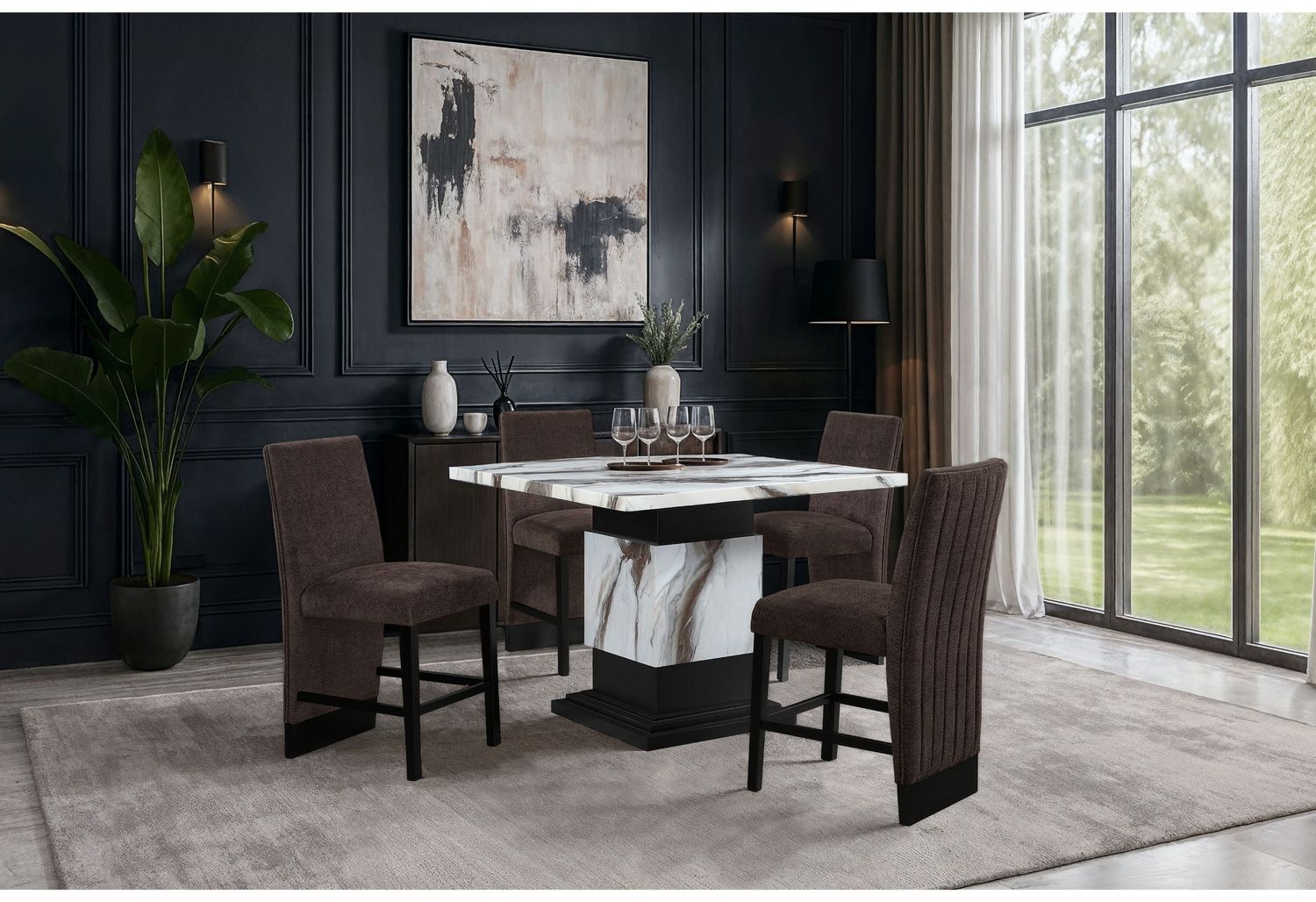 D12BT - 5 Piece Dining Room Set (Bar Table And 4 Bar Stools), Color: Black / Brown / White